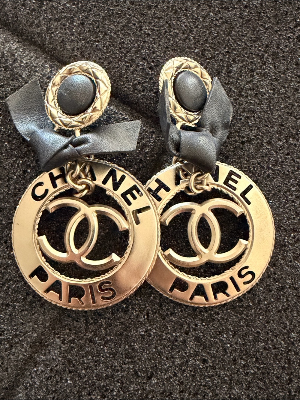 CHANEL Gold and Black CC Paris Logo Drop Earrings with Ribbon